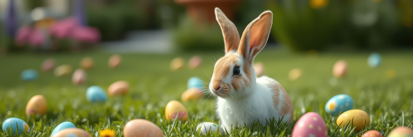 Cute rabbit exploring a grassy field filled with colorful Easter eggs during a bright spring afternoon
